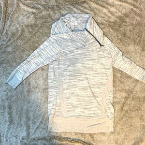 Women’s grey/black/white cowl neck functional zipper detail knit top